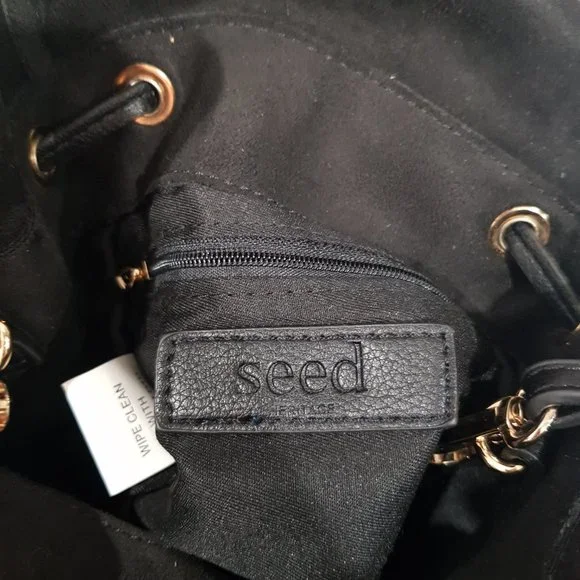 SEED Black Suede Like Ruffled Drawstring Bucket Bag - Picture 8 of 11